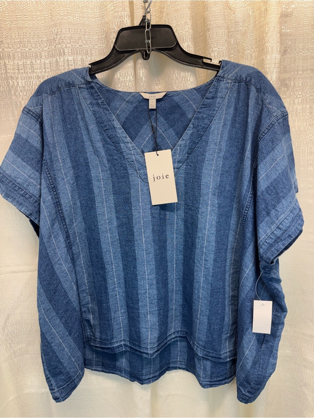 JOIE Theola Stripe Linen & Cotton Chambray Top, SIZE L